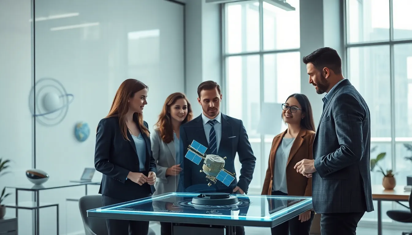 professionals collaborating with futuristic technology in a modern office