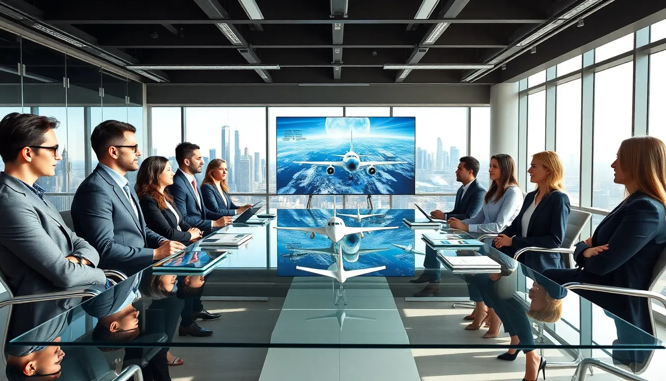 diverse team discussing aviation and space technology in a modern office.