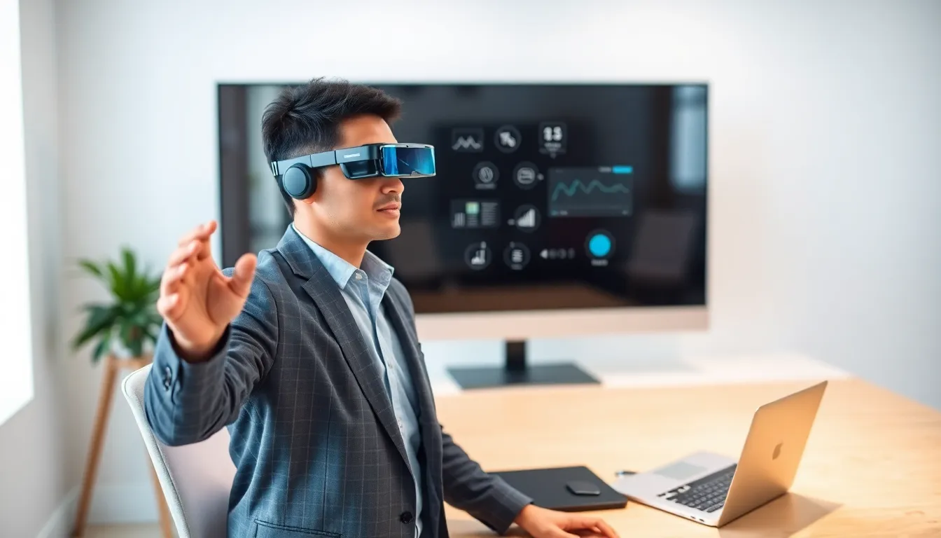professional using a meta wearable in a modern office setting.