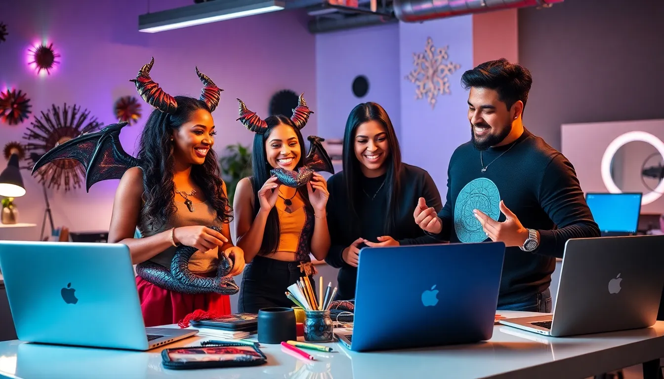 diverse group showcasing Bad Dragon Wearables in a creative workspace.
