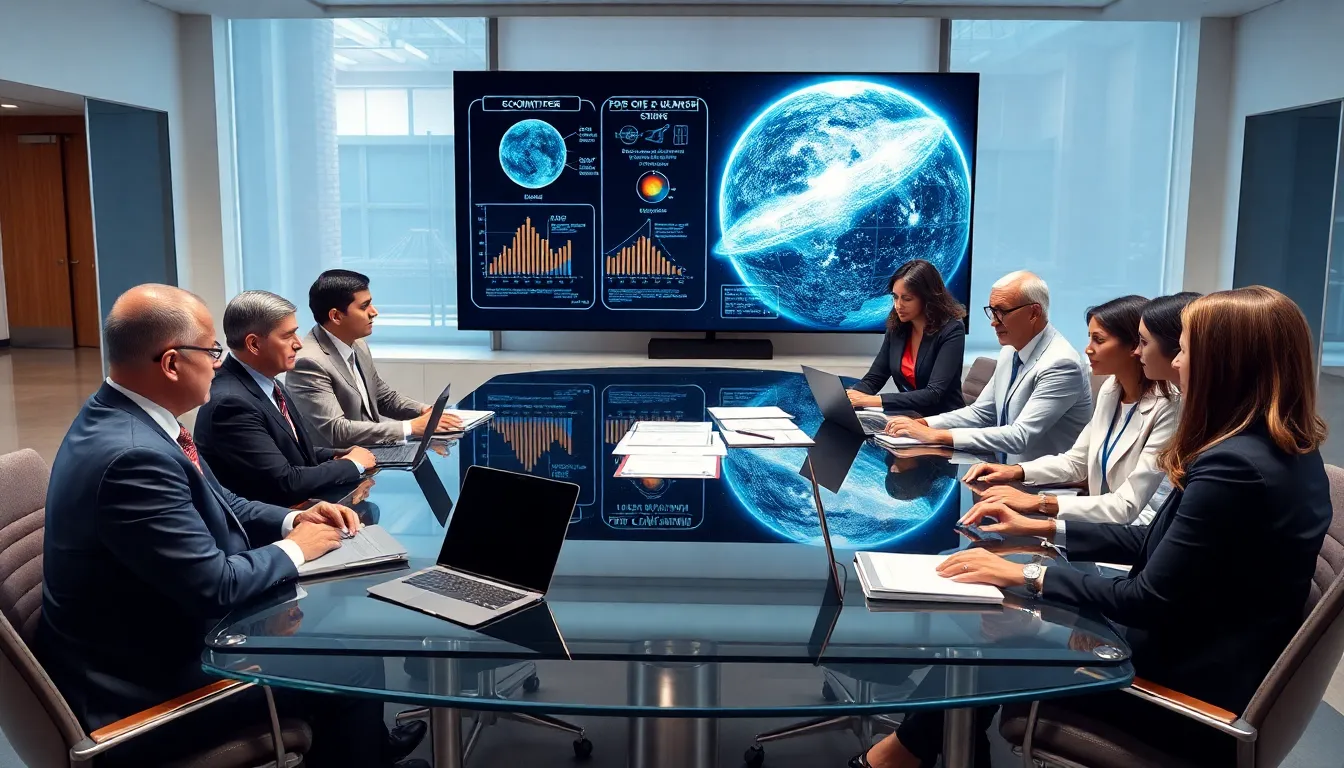diverse professionals discussing science and technology in a modern conference room.